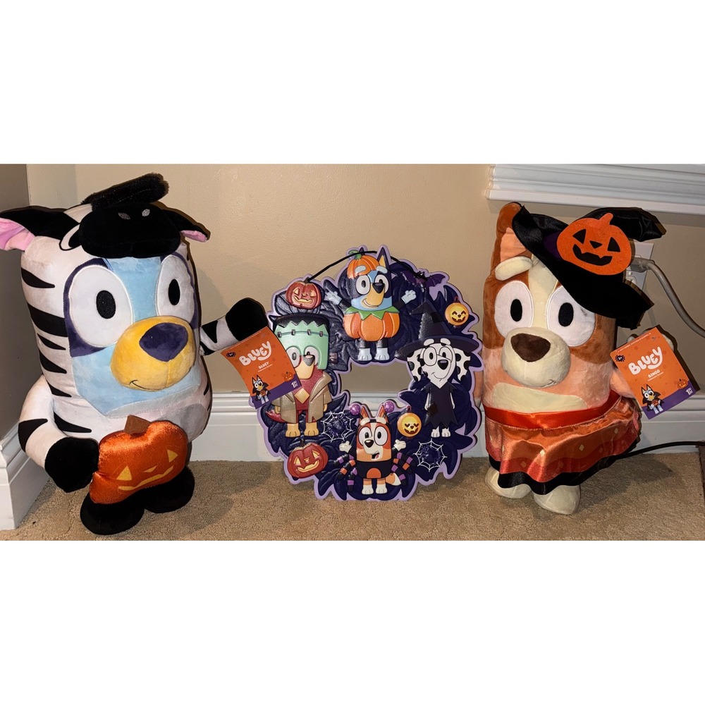 Bluey Bingo Halloween Plush Set & Metal Wreath Zebra Witch Costumes 3pc NWT